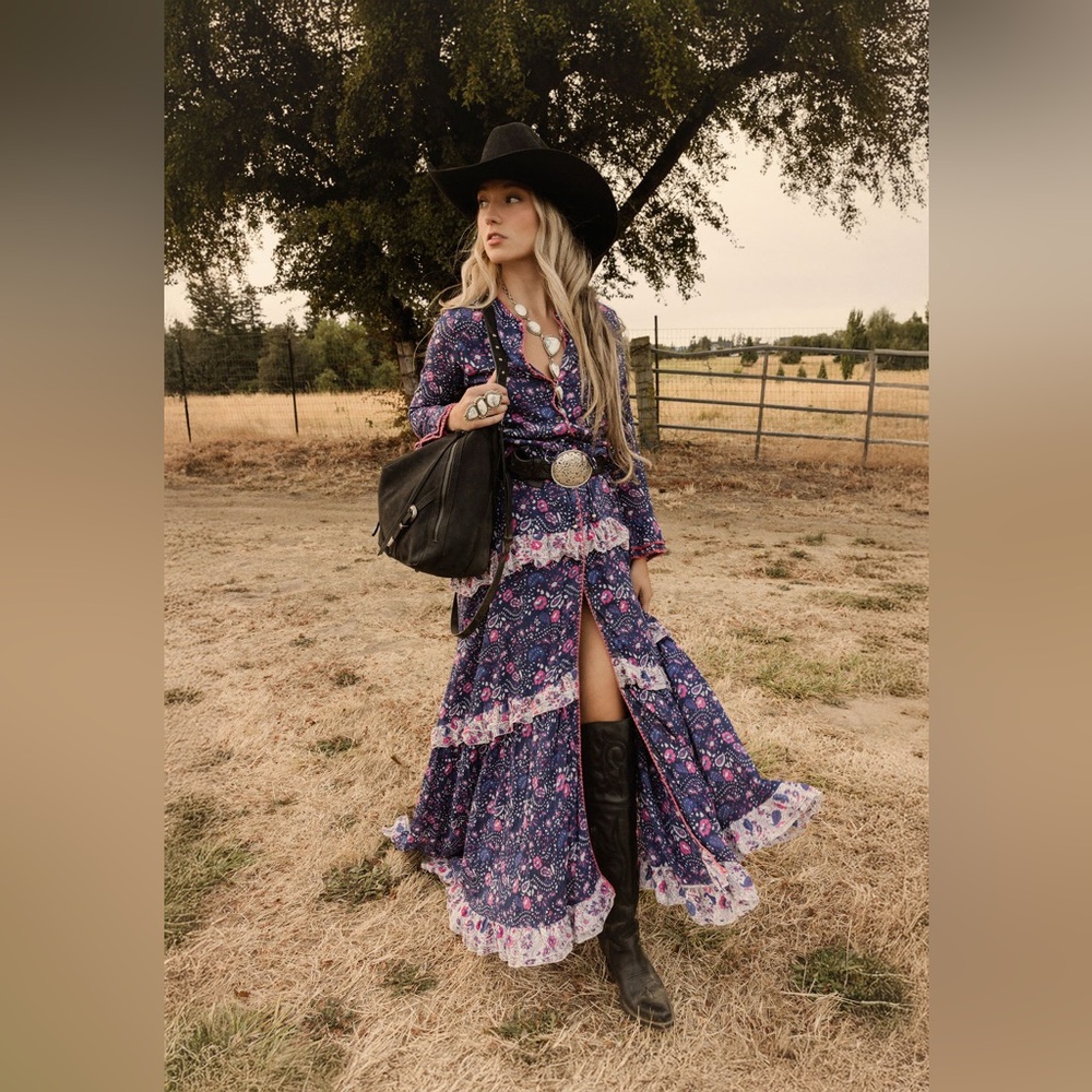 Chasing Unicorns - Dream On Ruffle Maxi Dress. Blue and Pink. Small.
